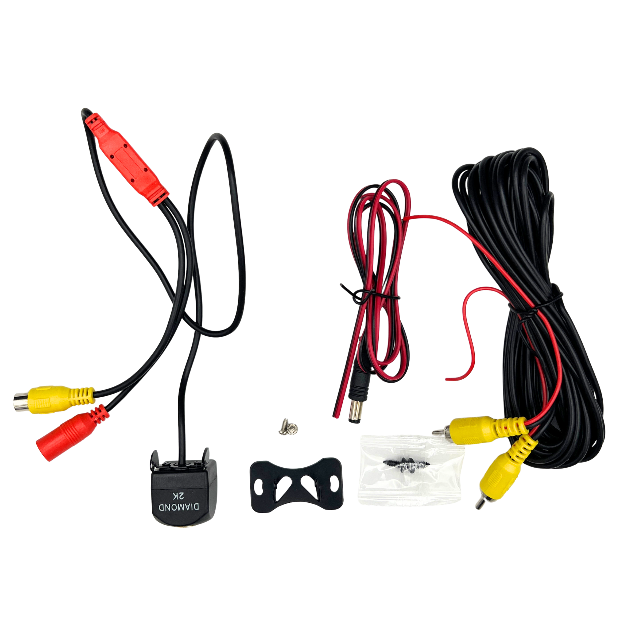 2K car backup camera with power cable, video cable, and mounting accessories