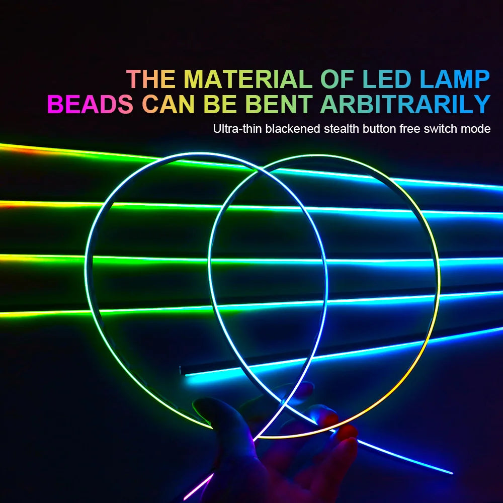 Close-up shot of the wireless remote control and flexible LED strip lights included in the ambient lighting kit.