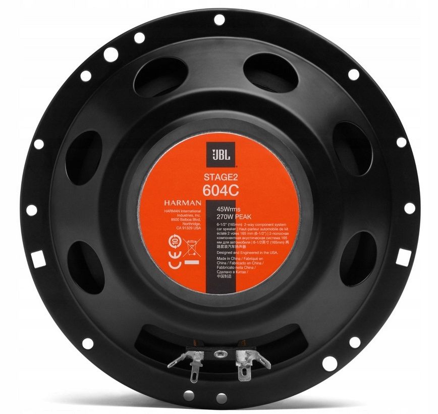 All components included in the JBL Stage2 604C box, including woofers, tweeters, and crossovers