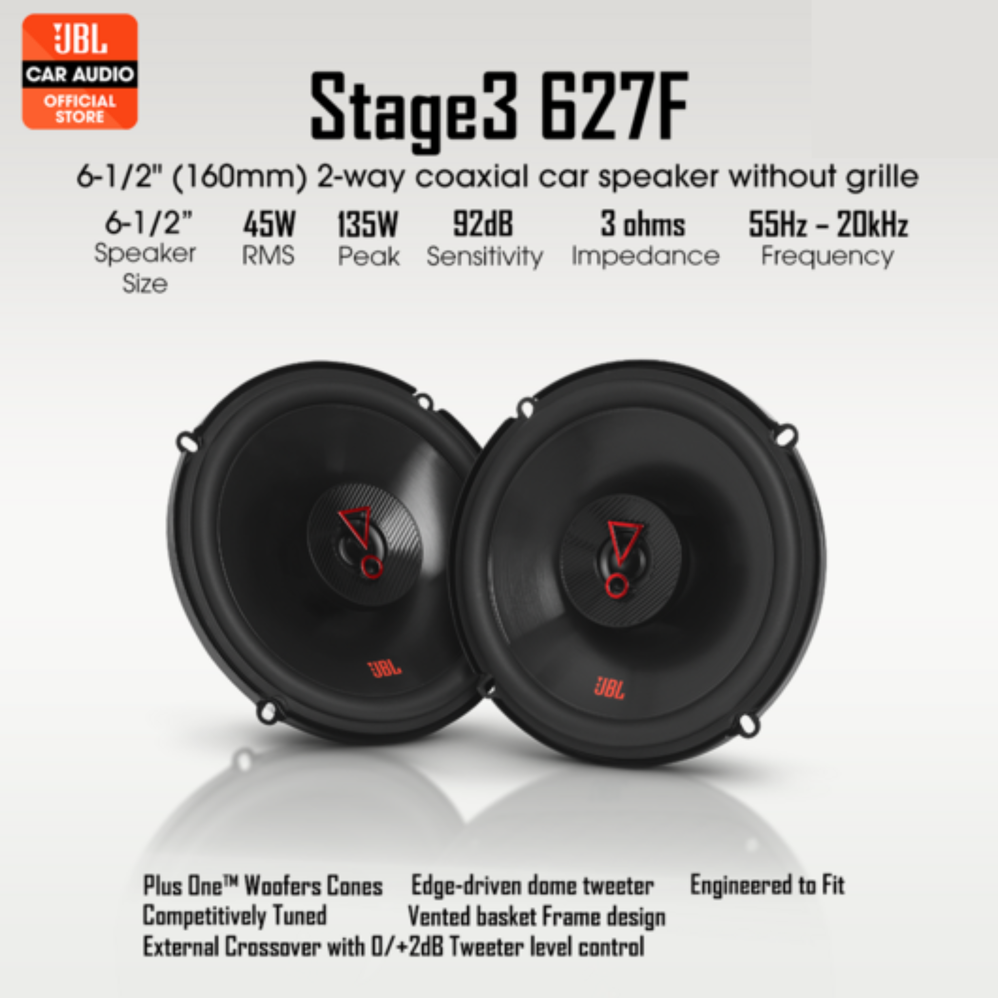 Pair of JBL Stage3 627F 6.5" 2-way coaxial car speakers, showing the woofer and integrated tweeter
