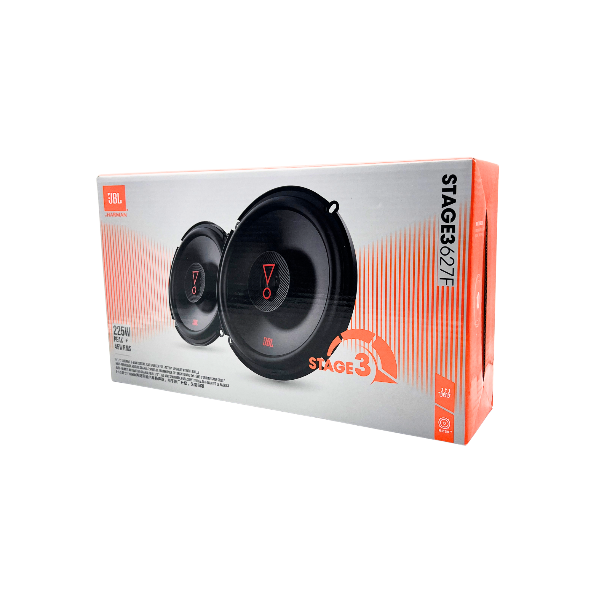 Contents of the JBL Stage3 627F speaker box, including the pair of speakers and mounting accessories.