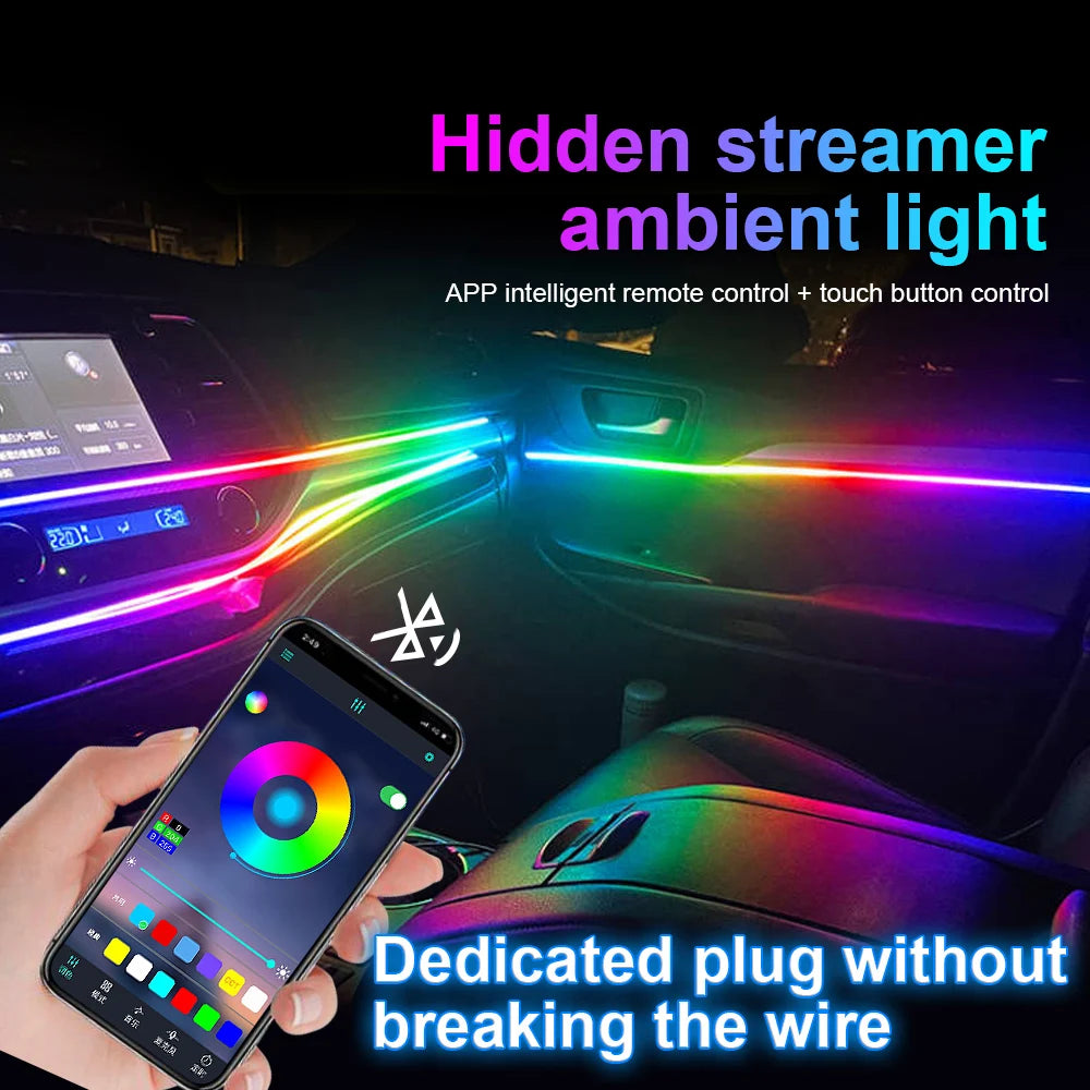 Car interior with vibrant, multi-colored ambient lights pulsing in sync with music.