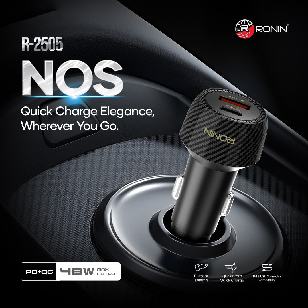Ronin R-2505 48W fast car charger with dual USB-A and USB-C ports