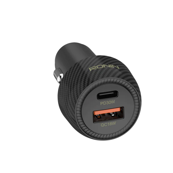 The compact Ronin R-2505 car charger is plugged into a vehicle's dashboard power outlet