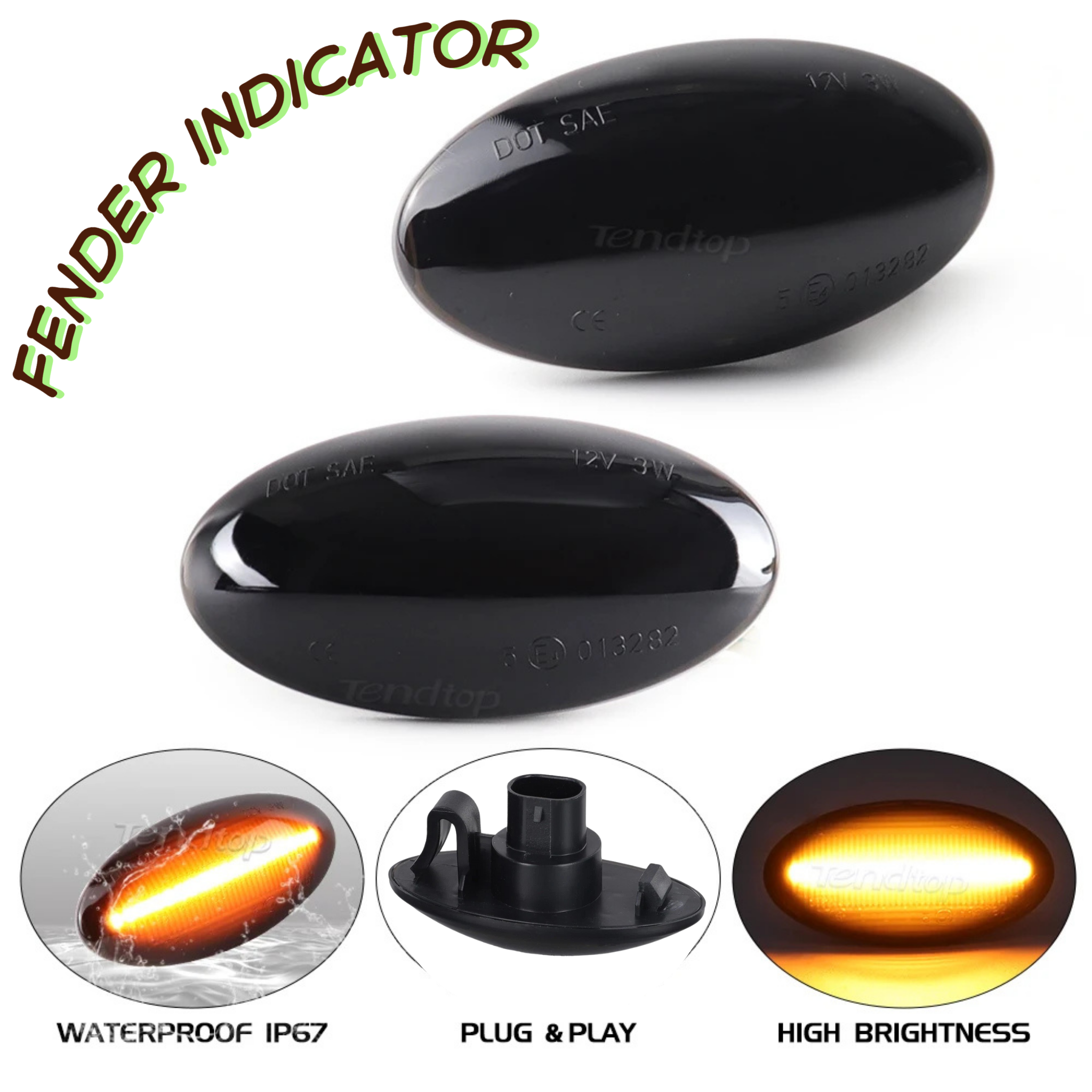 Front view of Sequential LED Dynamic Side Marker Turn Signal Blinker Lights for cars
